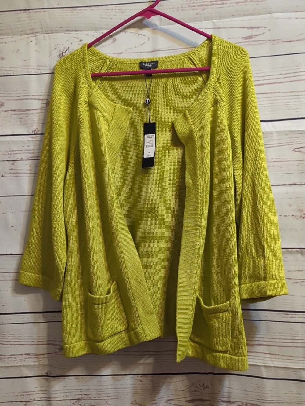 Talbots Chartreuse Open-Front Knit Cardigan with Pockets